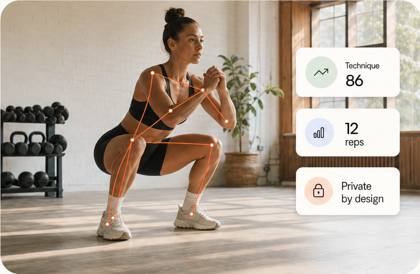 Athlete performing an air squat with ScoreRep movement analysis overlay