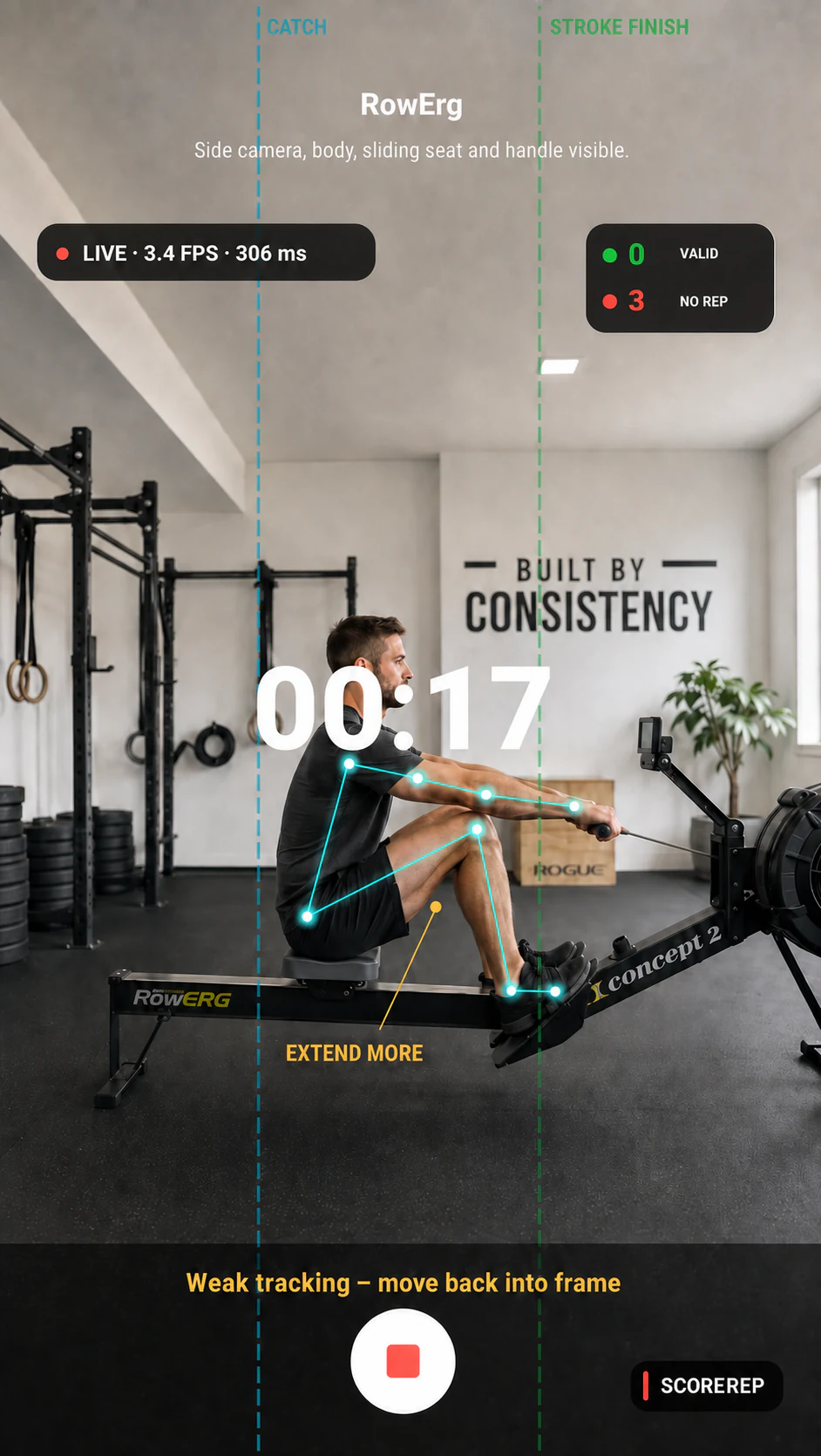 ScoreRep counting RowErg strokes live with catch, finish and extension guides