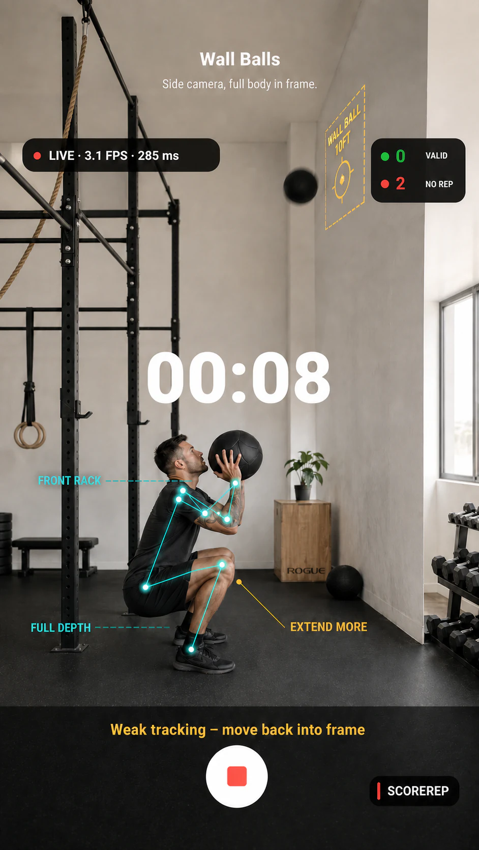 ScoreRep counting valid and no-rep wall balls live with depth, extension and tracking guides